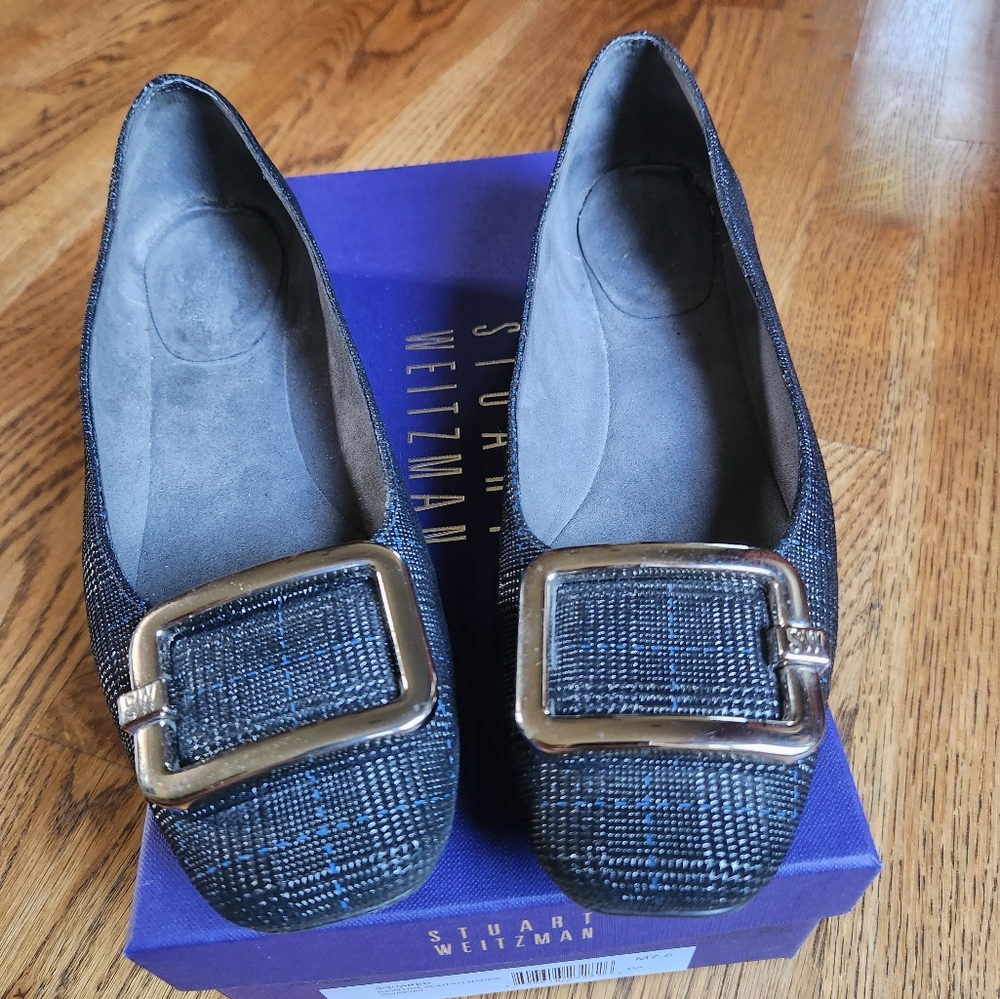 STUART WEITZMAN PLAID FLATS with SILVER BUCKLE